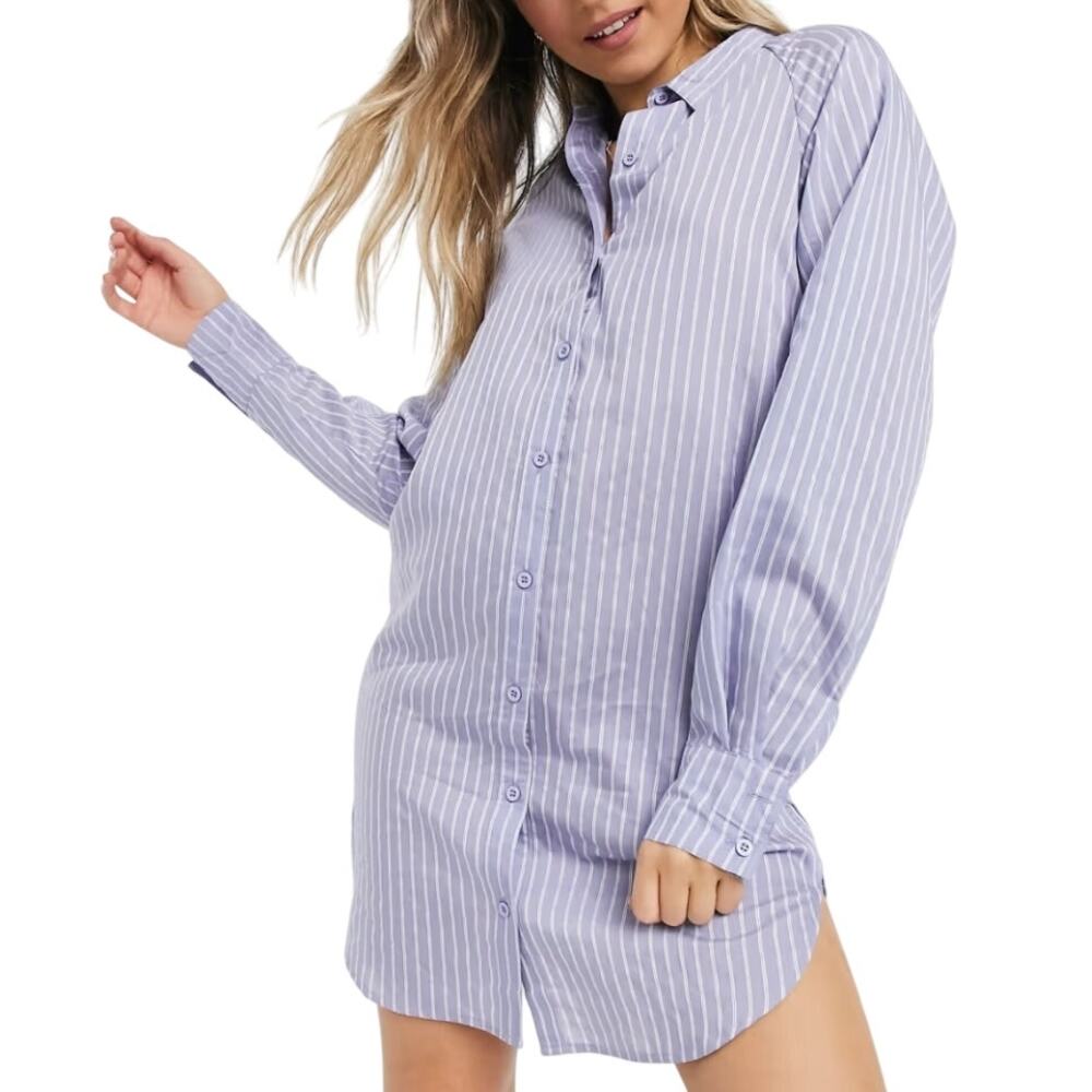 Lola May Shirt Dress Long Sleeve Button Front Pinstripe Blue White US Size 6 New